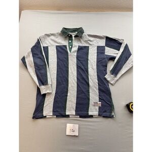 Bugle Boy Company Mens M Vintage Long Sleeve Rugby Polo Shirt Striped Gray Blue